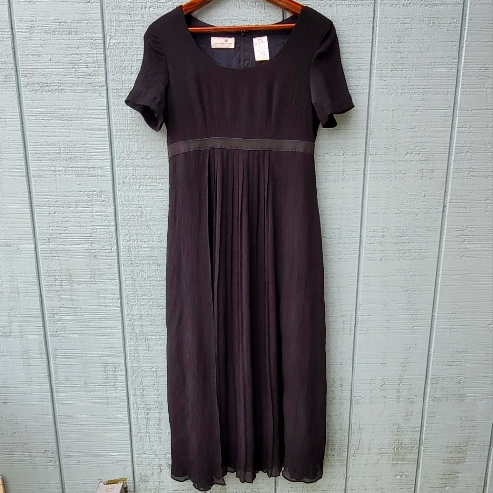 90s Liz Clairborne Petite 4P Pleated Empire Waist Chiffon Maxi Dress Black